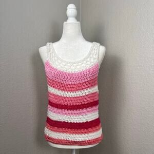 Sweater Tank Womens M Crochet Striped Grannycore Festival Retro Boho Hand‎ Knit